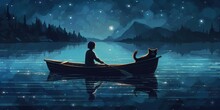 Boy Rowing A Boat With His Wolf Among The Stars In The Night Sky, Digital Art Style, Illustration Painting