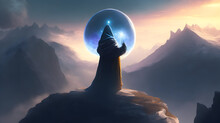 A Hooded Figure Floats Above A Glowing Orb, Their Hands Raised As If In Prayer. The Orb Radiates A Mystical Energy. Location: A Mountain Top. Random Item: A Silver Sword. Weather: A Clear Sky. 