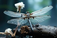 Blue Dragonfly With Flowers On A Dark Background. 3d Render