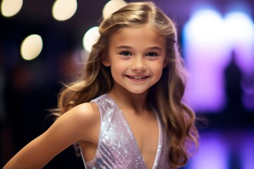 beautiful little girl in evening dress looking at camera at night club