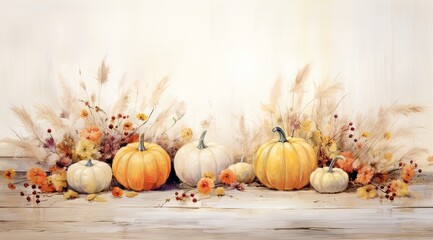 Wall Mural - Autumn frame decor from pumpkins, berries and leaves on a white wooden background. Concept of Thanksgiving day or Halloween. Flat lay autumn composition with copy space.