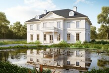 Classic House Exterior With Pond And Landscape