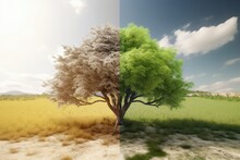 Climate Change Concept. Tree In Two Parts 