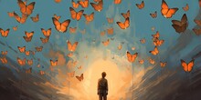 Man Releasing Glowing Balloons And Butterflies Flock In The Sky, Illustration Painting