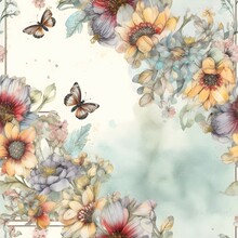 Vintage Grunge Paper, Spring Flowers And Butterflies And Bees Frame, Watercolours,