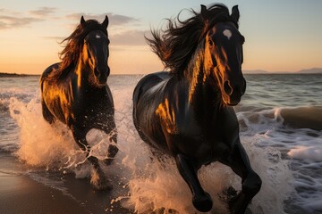 Wall Mural - Herd of friesian horses running in the water at sunset in the desert