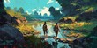 Scenery of hikers trekking a river path in overgrown city, digital art style, illustration painting