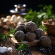 Black truffle mushroom, a rare delicacy with a nutty taste, an expensive food item. Concept: Rarely seen elite rich ingredient in French cuisine.