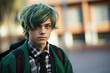 © IndigoElf - High school boy with green colored hair. Creative portrait of informal adolescent guy at school.