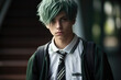 © IndigoElf - High school boy with green colored hair. Creative portrait of informal adolescent guy at school.