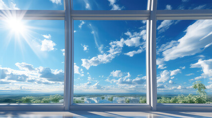 New clear white open PCV windows with sunny blue sky and clouds behind it. Minimal backdrop. 