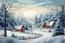 Winter In The Village, Holiday Season Postcard Style Illustration. Merry Christmas And Happy New Year Concept