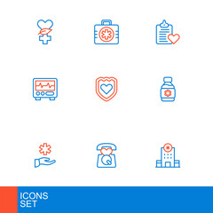 Sticker - Set line Hospital building, Emergency call 911, Cross hospital medical, Bottle of medicine syrup, Monitor with cardiogram, Immune system, Patient record and First aid kit icon. Vector