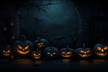 Wall Mural - Mysterious Halloween night backdrop. Luminous-eyed pumpkins amid the dark landscape.. ai generation