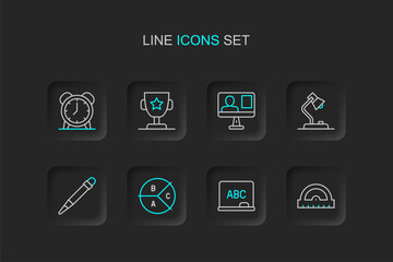 Canvas Print - Set line Protractor grid, Chalkboard, Pie chart infographic, Pencil with eraser, Table lamp, Online class, Award cup and Alarm clock icon. Vector