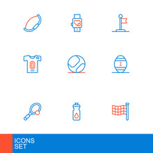 Set Line Checkered Flag, Fitness Shaker, Tennis Racket With Ball, American Football, Jersey And T-shirt, Baseball, Flag And Smart Watch Heart Icon. Vector
