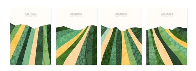 Wall Mural - Abstract agriculture field or farm card background. Vineyard valley collage pattern, spring countryside landscape, ecology poster template. Summer backdrop, organic design, eco green flyer layout