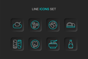 Sticker - Set line Soy sauce bottle, Ramen soup bowl, Rice in, Guotie, Sushi, Dumpling, and Mochi icon. Vector