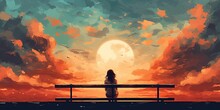 Young Woman Sitting On A Bench Against Beautiful Sky, Digital Art Style, Illustration Painting