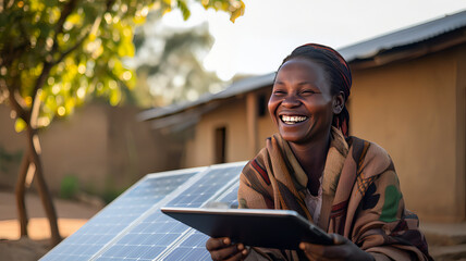 Woman sitting on a bench outside her house with solar panels. Fictional person. Renewable energy. Generated AI. Fictional person