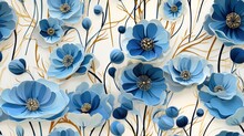  Blue Flowers Are On A White Background With Gold Stems And Leaves.  Generative Ai