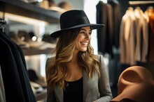 Woman Trying On A Hat In A Boutique, Friend Giving Her Opinion - Shopping And Fashion - AI Generated