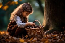 Young Girl Collecting Chestnuts In A Wicker Basket - Autumn Treasures - AI Generated