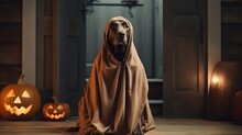 Dog Sit As A Ghost For Halloween In Front Of The Door  At Home Entrance With Pumpkin Lantern Or  Light , Scary And Spooky