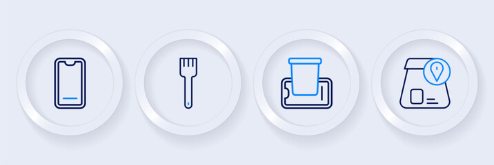 Sticker - Set line Online ordering food, Food on mobile, Fork and icon. Vector