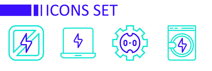 Set line Washer, Electrical outlet, Laptop and No lightning icon. Vector