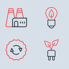 Poster - Set line Light bulb with leaf, Recycle symbol, Electric saving plug in and Factory production icon. Vector