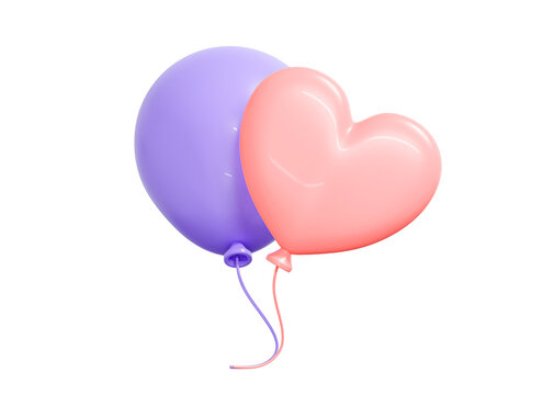 3D Festive balloons. Birthday party decoration. Holiday element. Heart shape. Pink and purple color. Cartoon creative design icon isolated. 3D Rendering