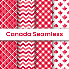 Canada Seamless Pattern. Vector. Backgrounds With Maple Leaf, Rhombus And Checkered. Happy Canada Day Texture. Set Canadian Prints. Red Brown Illustration.