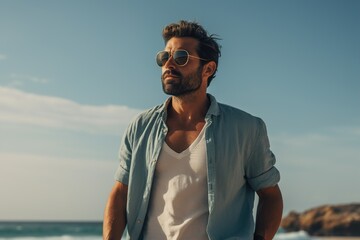 Poster - Man in blue shirt on seashore