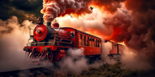 Vintage Steam Powered Railway Train In Red Smoke. Narrow Gauge Railway. Steam Locomotive With Wagon Drives In Red Flame, Steam And Smoke, Digital Ai