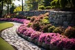 Ein Wunderschöner Vorgarten mit einem Steinweg und bunten Blumen.