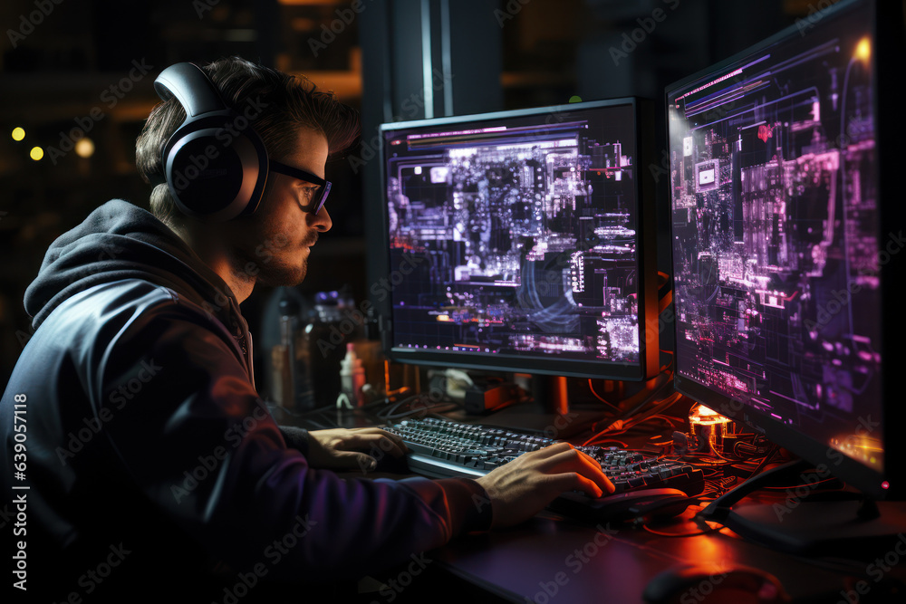 programmers work with computer code on a virtual... Virtual Innovation. Programmer working on code in a virtual reality ...