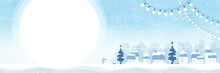 クリスマスの背景バナー イルミネーションと雪の街の水彩風景イラスト