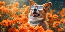 Funny Relaxing Happy Dog Wagging Her Tail In The Flowers With Sunglasses.
