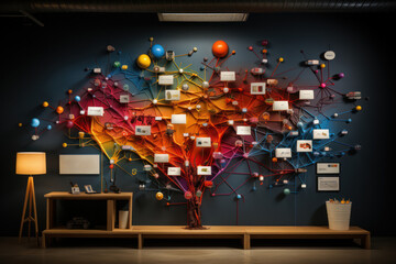 Web of Ideas. Mind map on a wall with interconnected concepts and keywords, showcasing the complexity of thought processes. Generative Ai.