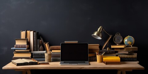 Poster - Front view of student wooden desk with blank screen laptop and a lot of books on black wall background