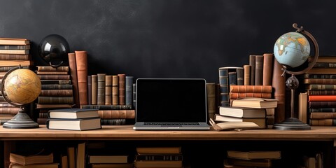 Poster - Front view of student wooden desk with blank screen laptop and a lot of books on black wall background