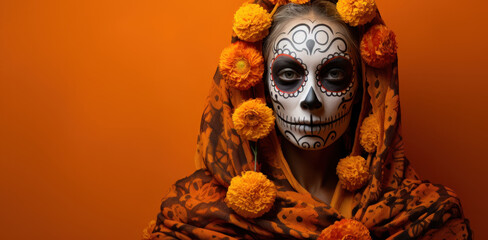 Wall Mural - Mexican Woman in a Rebozo Shawl with Day of the Dead Skulls on a Marigold Orange Background with Space for Copy.