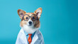 Cool looking corgi dog as a doctor wearing doctor gown or coat isolated on light blue background. Digital illustration generative AI.