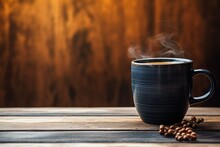 Hot Black Coffee Mug On Wooden Table , Cozy Warm Mood , Black And Brown Tones | Generative AI