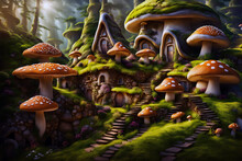 A Fantasy Style Storybook Fairytale Tiny Mushroom Village Surrounded By Moss In A Forest