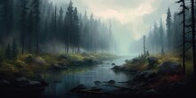 Landscape Illustration With A Small River, Foggy Forest