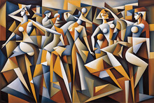 Cubist Style Abstract Painting Of A Group Of Female Dancers In Performance