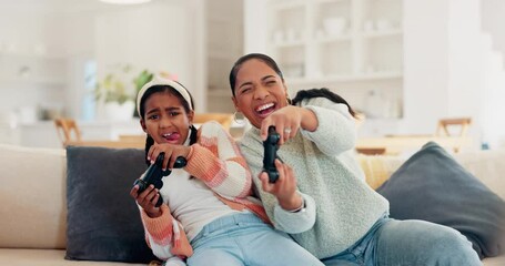 Sticker - Playing video game, mother or daughter on sofa, fun or relax in home living room with internet, controller or esports. Online gaming, technology or excited girl with mom on couch on virtual challenge