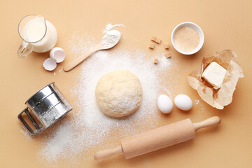 Wall Mural - Composition with ingredients and utensils for preparing bakery on color background